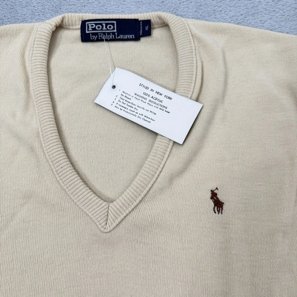 Vintage Polo Ralph Lauren V-Neck Sweater Mens XL Cream Acrylic USA 90s NOS NWT